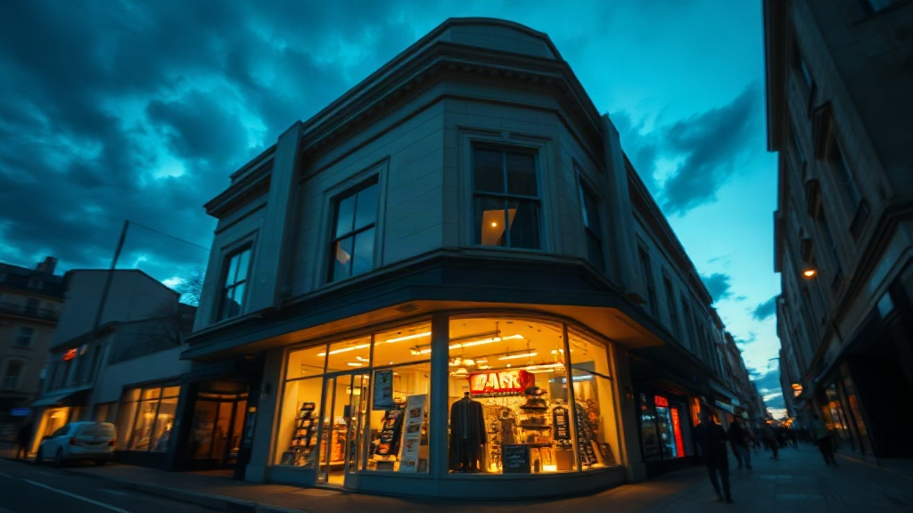 Illustrated retail street at dusk